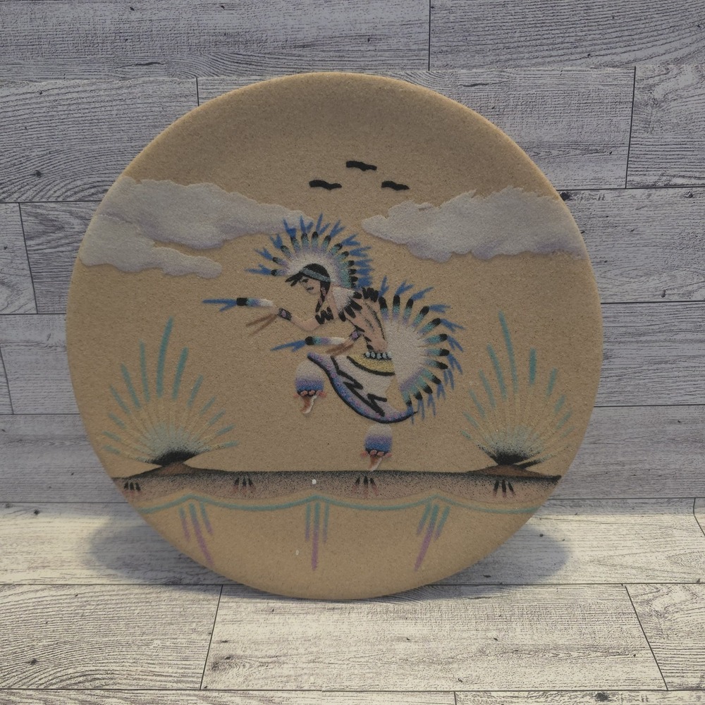 Vintage Southwestern Sand Art Plate‎ Kokopelli Native Dancer Signed P Steele